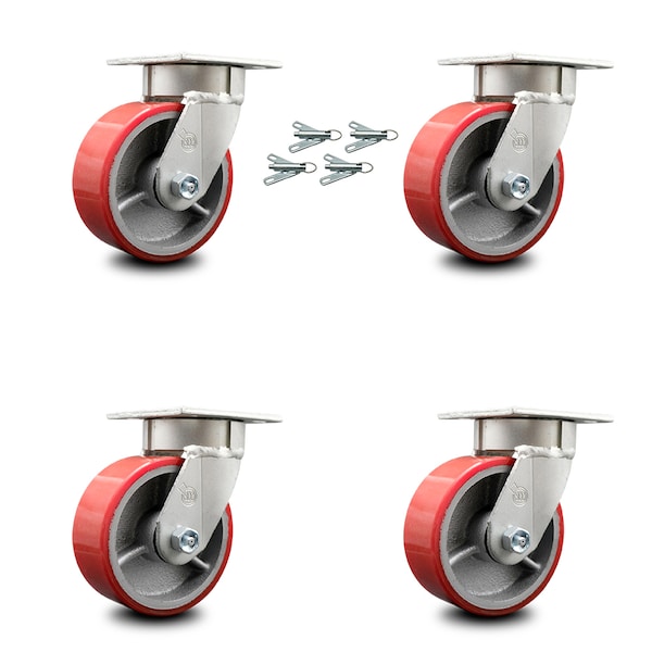 5 Inch Kingpinless Red Poly on Steel Wheel Swivel Caster Set with Swivel Lock